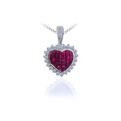 18KT WHITE GOLD INVISIBLE SET RUBY AND DIAMOND HEART PENDANT 4.85CTW
