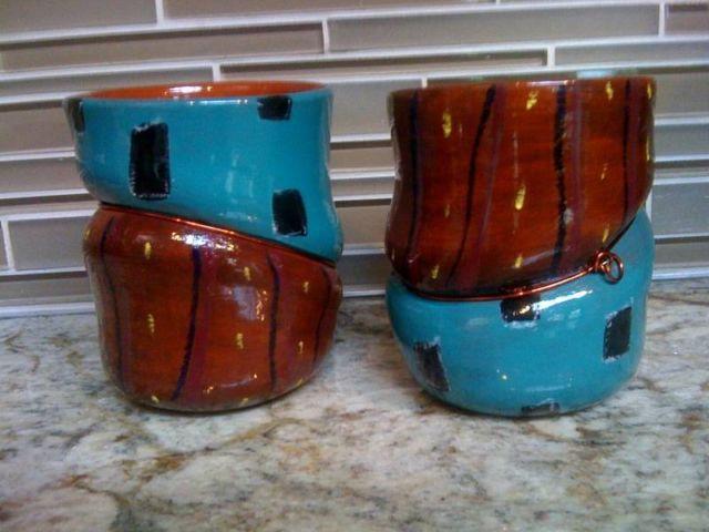 2 copper-wrapped earthenware mugs by artist Steve Schrepferman