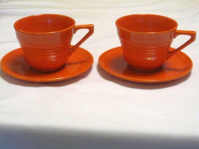 2 Sets of Vintage Tangerine Harlequin Cups and Saucers