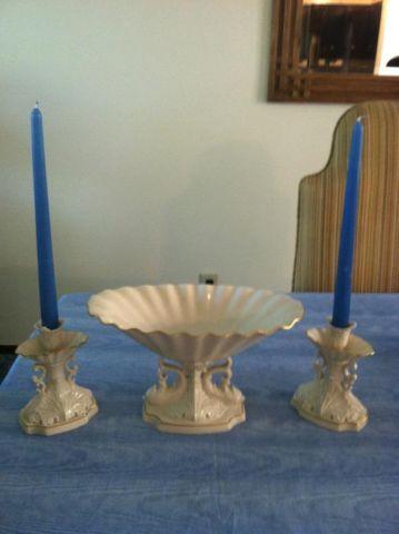 3 piece Lenox pedestal bowl with matching candlesticks.