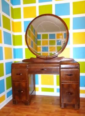 `50s Vintage Art Deco Vanity w/ Mirror Dressing Table Deessing Table