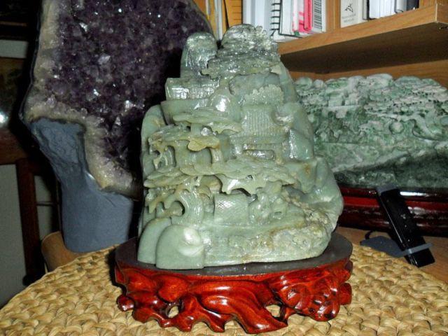 Antique Chinese Hand-Crafted Carved Hetian Jade Statue & Landscape