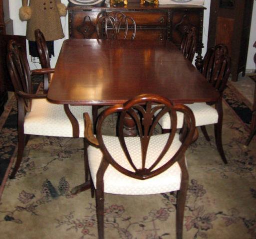 Antique Mahogany Dinner Table Set with Shield Back Chairs