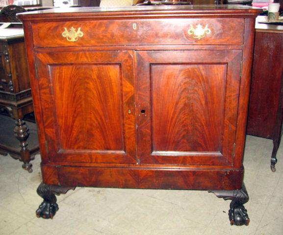 ANTIQUE MAHOGANY TALL SERVER CABINET WITH CLAW & BALL FEET