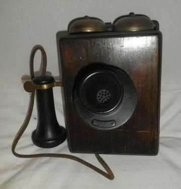 Antique Wall Phone Wood Case Bells Hand Held Receiver