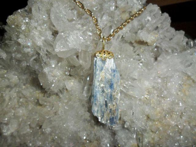 b.Beautiful Deep Sky Blue Kyanite Crystal Charm with Gold Crown