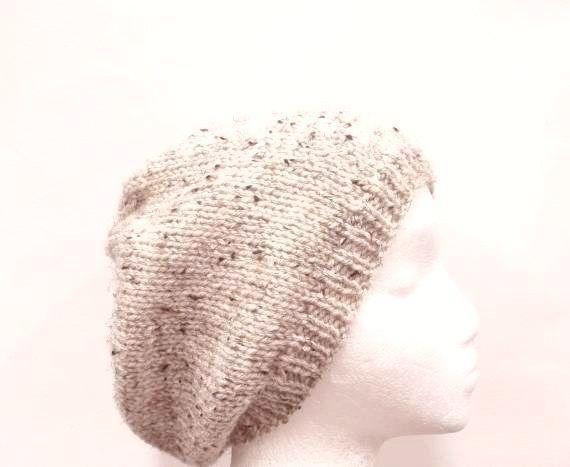 Beanie beret hand knitted hat, light tan with flecks of color