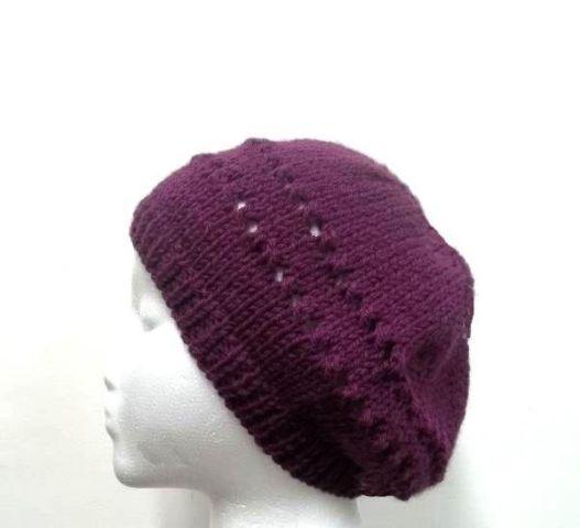 Beanie beret with eyelets, purple (magenta), hand knitted