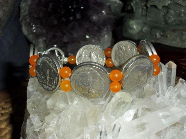 Beautiful Buffalo Nickel Indian Bracelet with Orange Jade Beads