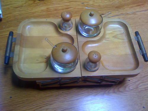 Beautiful wood and glass vintage condiments serving set, 1940s