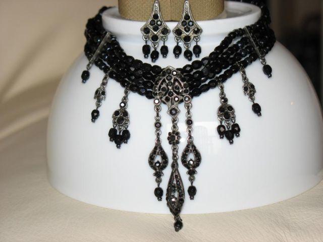 Ben-Amun Deco $250 Black Bead/Silver-Plated Choker Necklace+Earrings