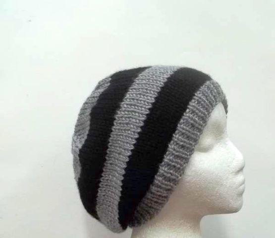 Black and Gray Stripes hand knitted beanie hat