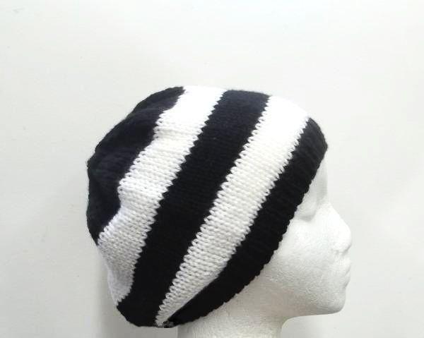 Black and white stripe beanie hat, hand knitted for men,women or teens