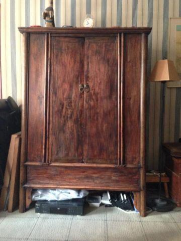 Chinese rustic armoire, leather chair with carvings, brass headboards