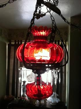 EARLY Fenton AMBERINA GLASS PRIMS HANGING Lamp IN MINT CONDITION!