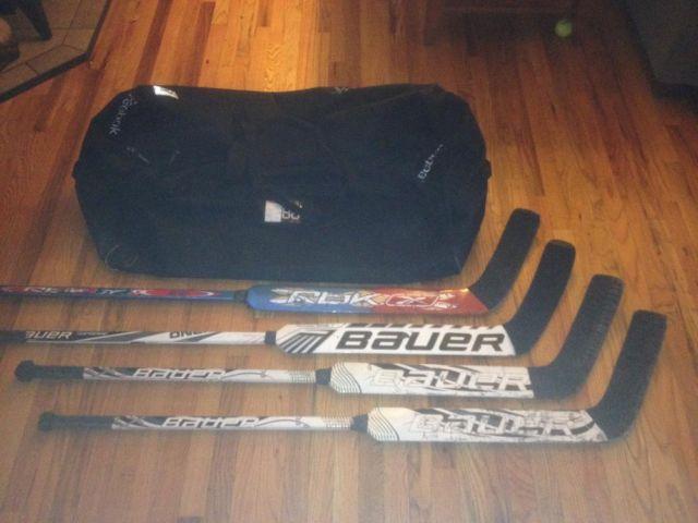 goalie bag, stick set, street/roller hockey pads, glove and blocker