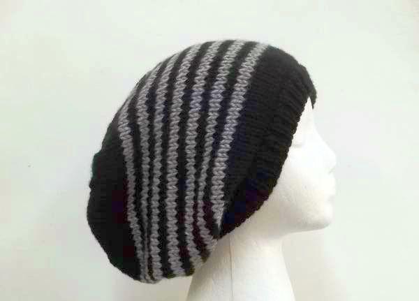 Grey and black stripes oversized beanie hat, large size, hand knitted