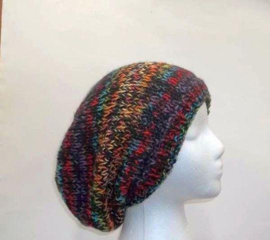 Hand knitted multi-color slouch hat ?large