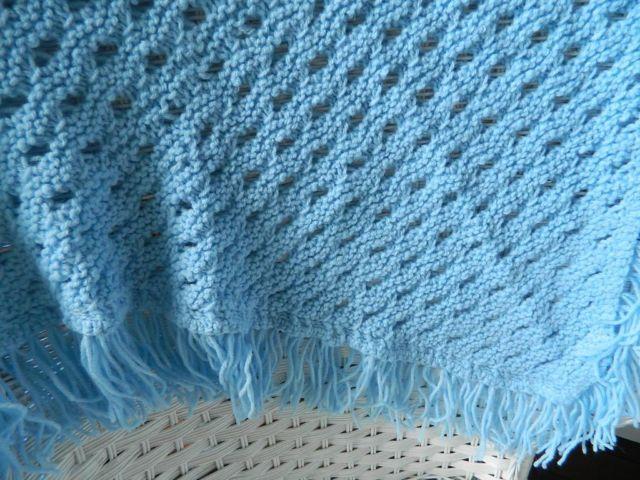 Handmade knit shawl/wrap; washable; pastel blue; triangular shape; NEW