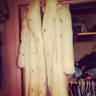 HUGE, GLAMOROUS pure white fox trench coat with dalmatian spots.