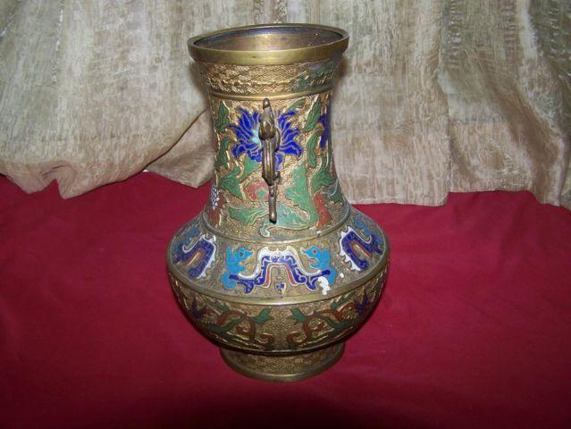 Japanese Bronze Brass Enamel Cloissone Vase With Dragon Handles
