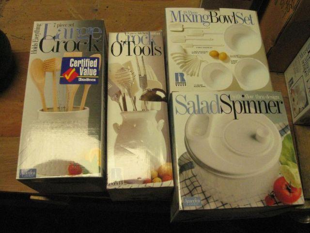 Kitchen Items: Salad Spinner, Crock O' Tools, Mixing Bowl Set, Pitcher