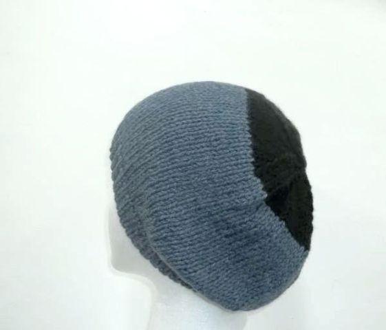 Knit beanie hat denim blue and black crown, handmade