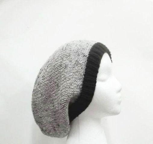 Knitted slouch hat, gray with black brim, handmade large size