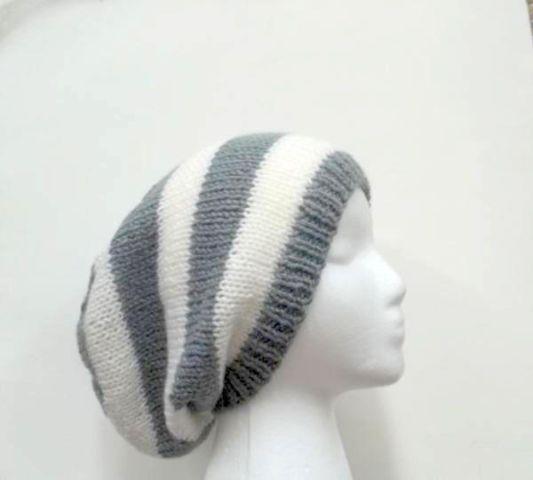 Knitted slouchy beanie oversized beanie grey and white stripes
