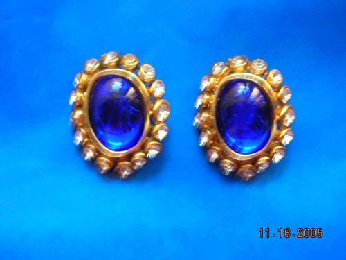 Large Blue Glass & Rninestone Earrings ca. 1992 Never Worn