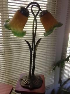 Lily Lamp, amber and green shades, brass stand