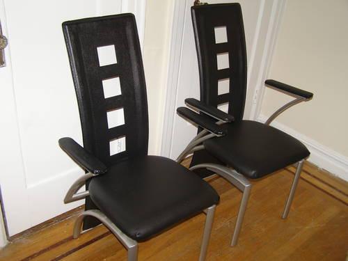 MODERN TWO DINING CHAIRS w/ARM REST BLACK LEATHER LIKE SILVER BASE