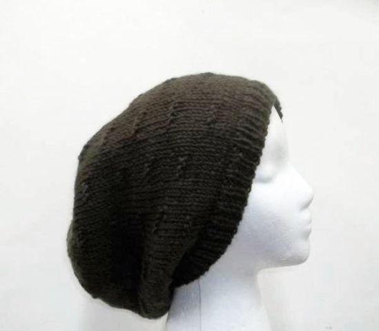 Olive green oversized beanie hat, wool, hand knitted