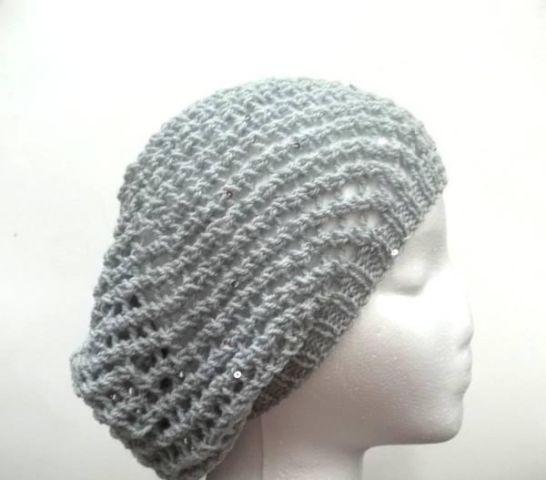 Open weave slouch beanie with sequins light gray handmade