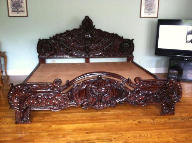 Ornate Early 1900s Asain Hand Carved Hard Wood King Platform Bed