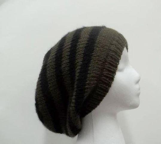 Oversized beanie dark olive green and black stripes slouch hat