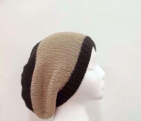 Oversized beanie hat tan/black cotton and acrylic yarns