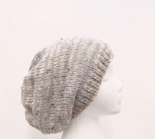 Oversized beanie slouch hat, tan and gray small stripes