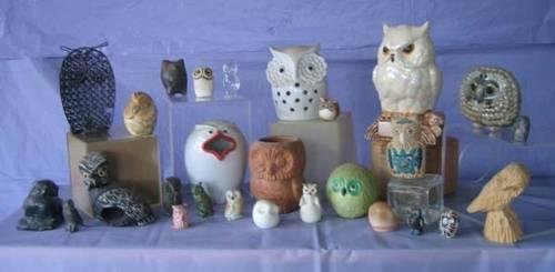 OWL figurines 27 pieces, wood, glass, metal, etc