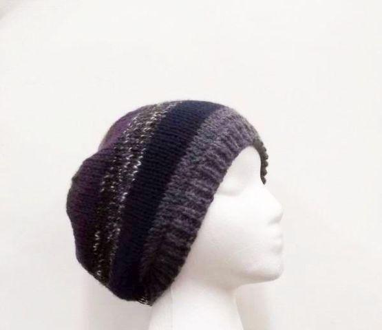Purple and lavender hand knitted beanie hat