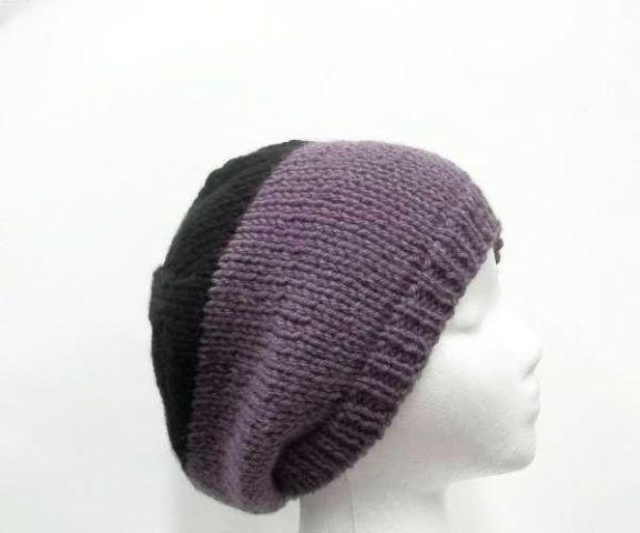 Purple beanie with black crown, hand knitted hat