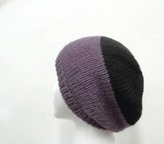 Purple Black beanie hat, hand knitted