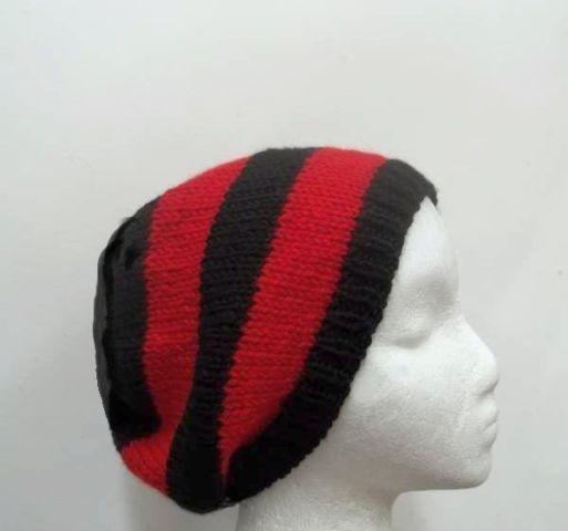 Red Black Beanie knitted stripes handmade