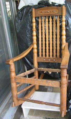 !ROCKING CHAIR, vintage oak with unique design, to refinish-sold as is