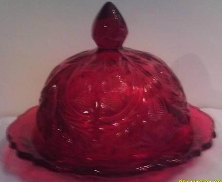 Ruby Red Glass Round Domed Butter Dish Thistle Pattern NEW