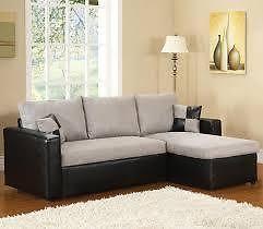 Sectional Sofa Bed Grey and Black, Fabric and Faux Leather