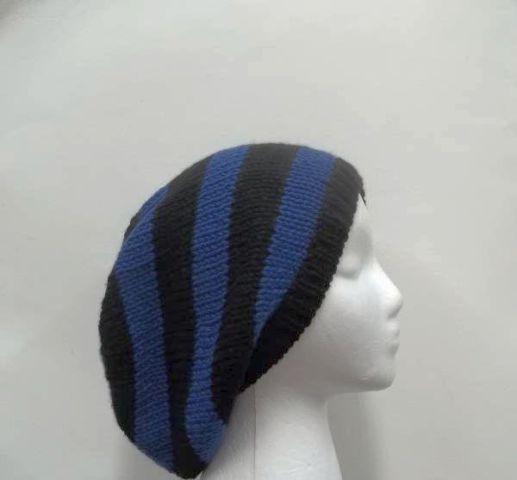 Slouch Hat slouchy beanie black and royal blue stripes large 4