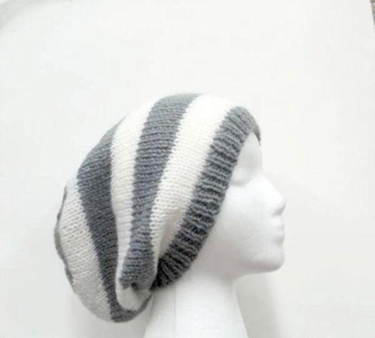 Slouchy beanie hat, gray and white stripes handmade