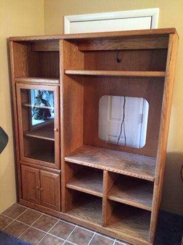 Solid oak tv stand with glass cabinet and shelves