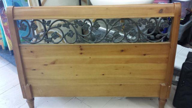 Solid wood and wrought iron sleigh bed frame + end table